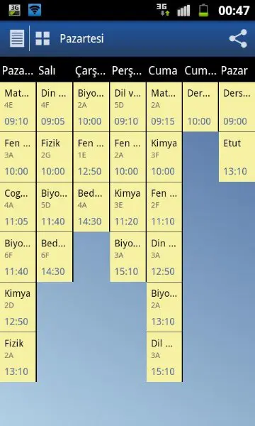 Android Telefon için Haftalık Ders Programı Uygulaması