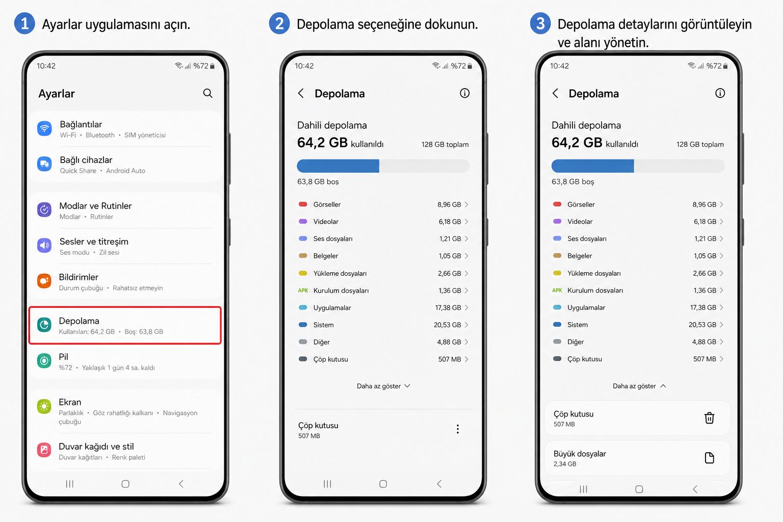 Depolama ayarları ekranı