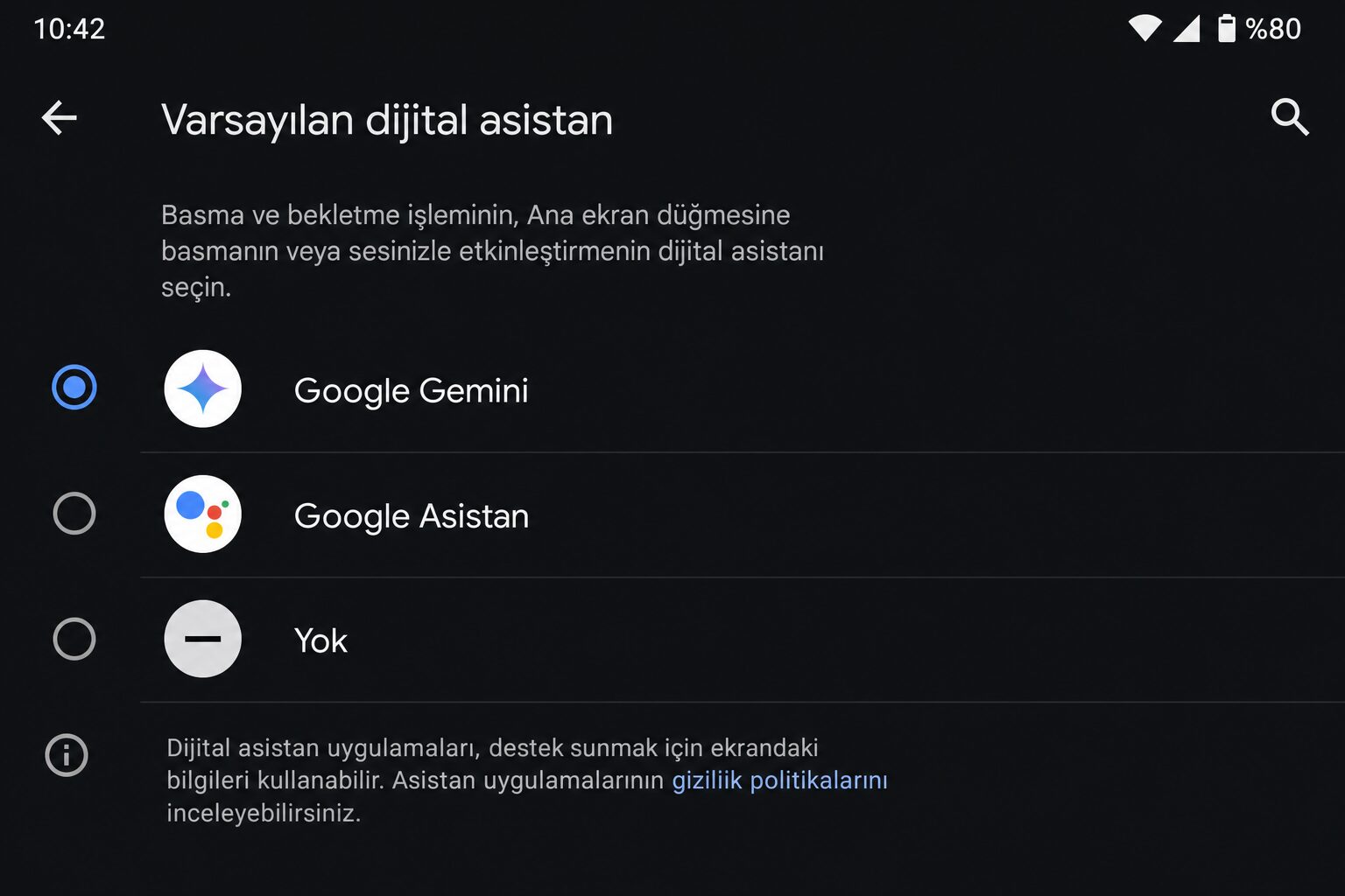 Varsayılan asistan seçimi