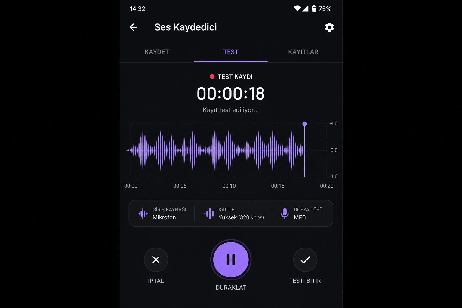 Ses kaydı test ekranı