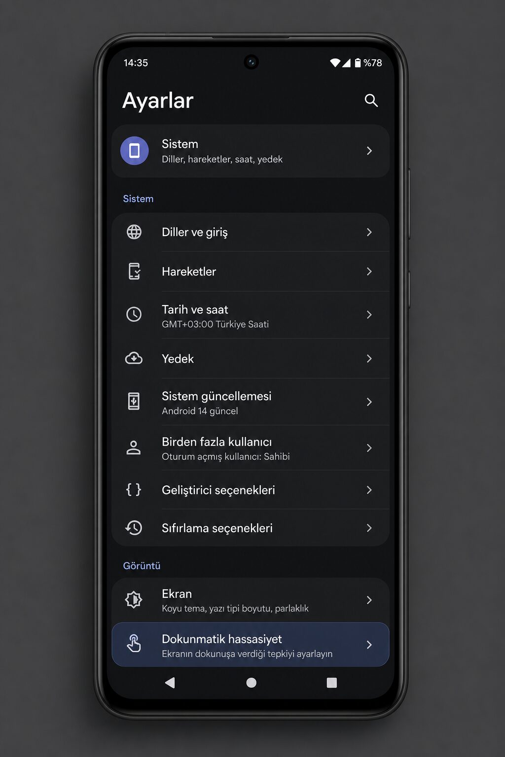Dokunmatik ayarlar ekranı